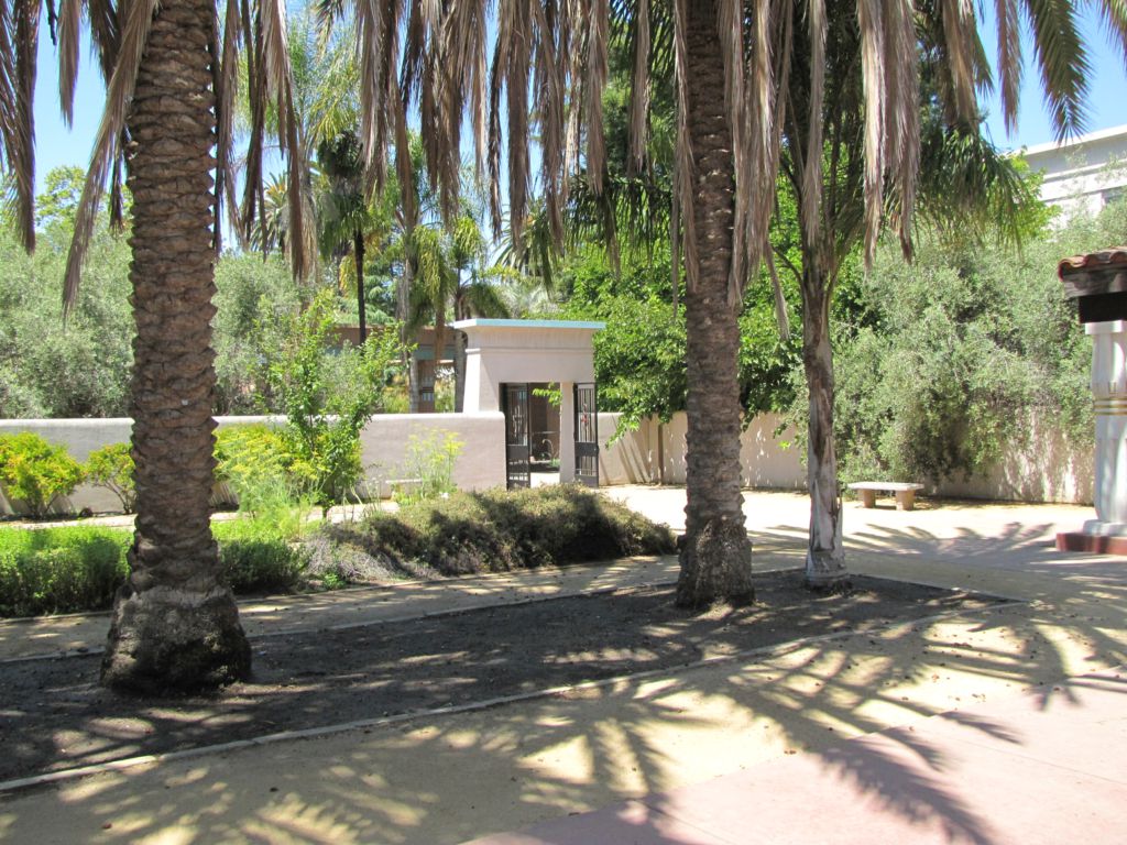 Photo of an Egyptian style wall and gate behind the Museum.