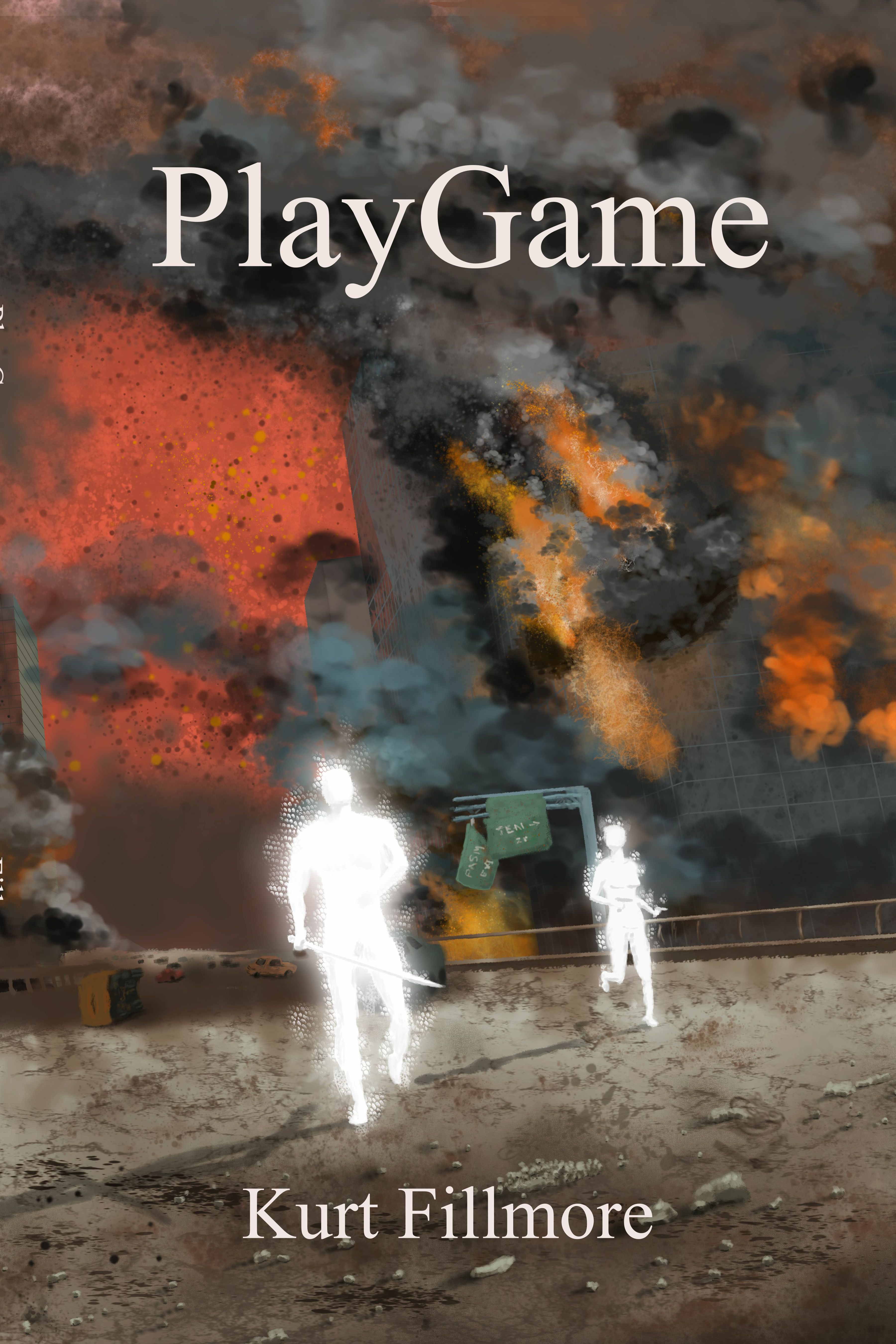 Digital Painting of two ghostly figures running on a damaged freeway, flaming buildings and smoke behind them.