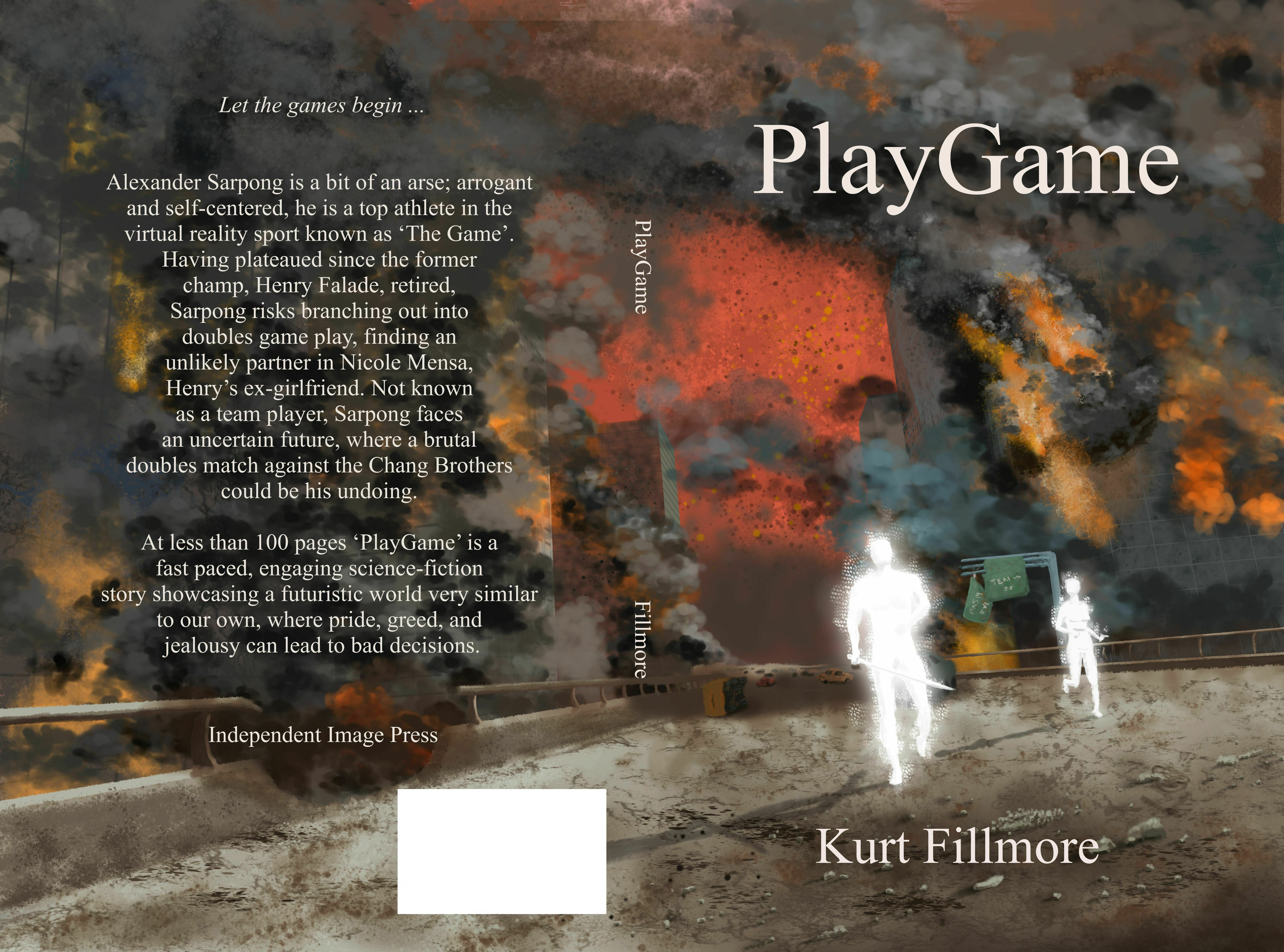 Digital painting of the full cover for PlayGame, with a blurb describing the story on the back.